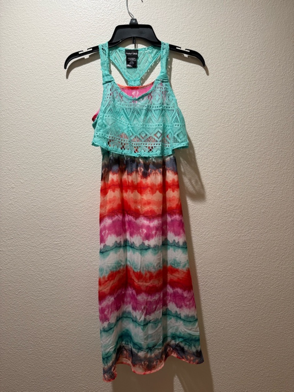 paper doll Turquoise Crochet Overlay Multicolor Tie-Dye Dress